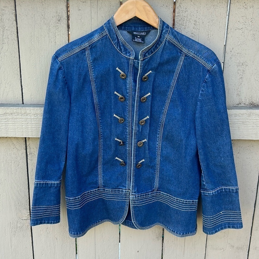 Multiples Women's Denim Blue Jean Jacket Stretch Hook Closure Buttons Medium